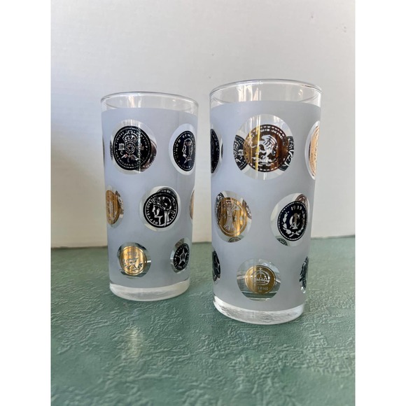 Libbey Tumblers - Frosted Glass with Gold Coins - Set of 2 - Picture 1 of 4
